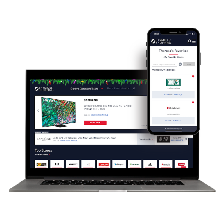 image of a laptop and cell phone with screen images of airlines that offer bonus miles for dining