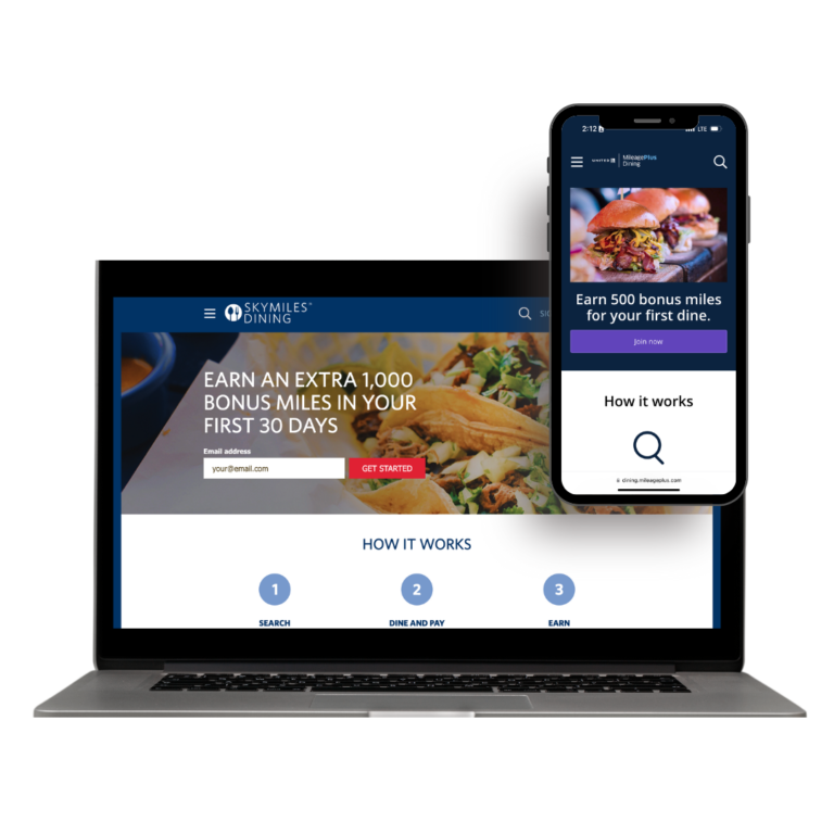 image of a laptop and cell phone with screen images of airlines that offer bonus miles for dining