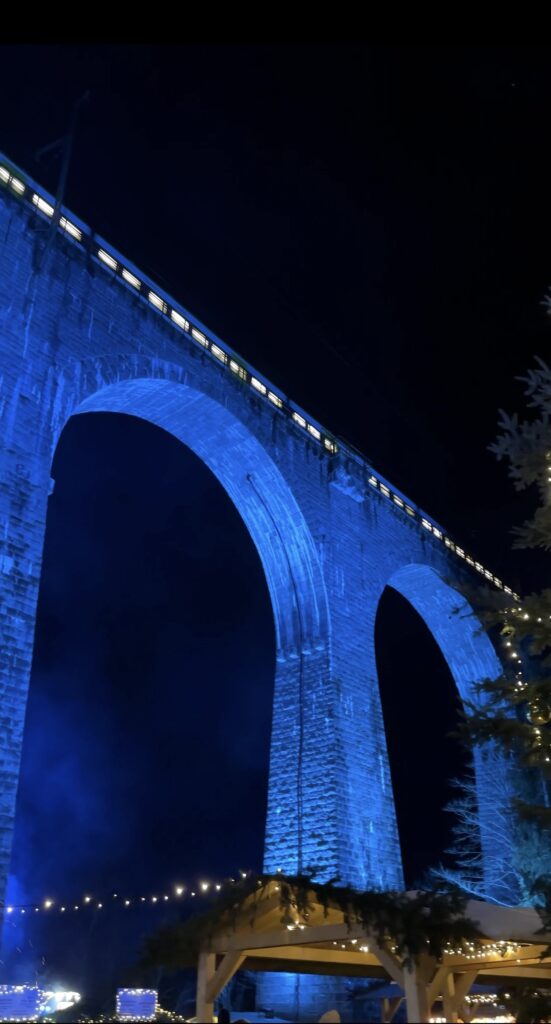 The Ravenna Viaduct glowing in a stunning blue light at the Ravenna Gorge Christmas Market, surrounded by Christmas trees and festive wooden stalls.