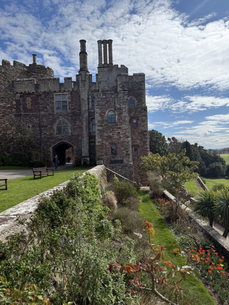IMG_7937 Berkeley Castle in Gloucestershire, England featuring medieval stone walls, towers, and an arched entrance alongside a landscaped garden with greenery and red flowers