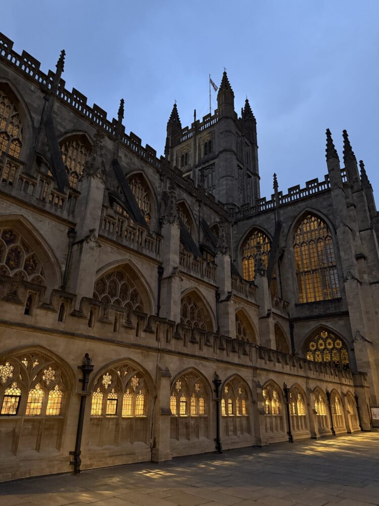 A street scene in Bath with honey-colored Georgian architecture